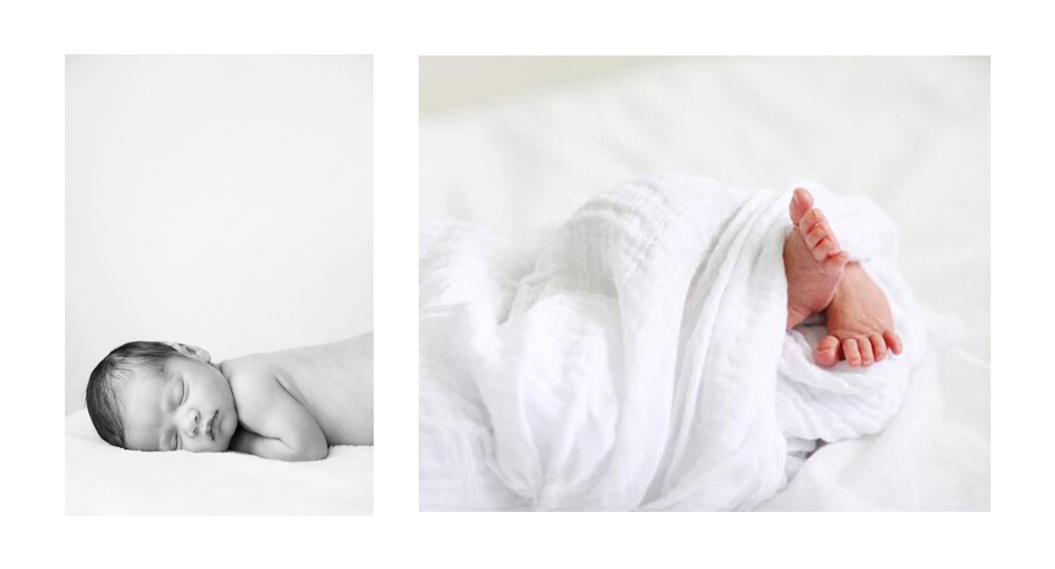 Black and white newborn portrait alongside baby feet wrapped in a white blanket, captured in natural window light during a Palo Alto in-home newborn photography session.
